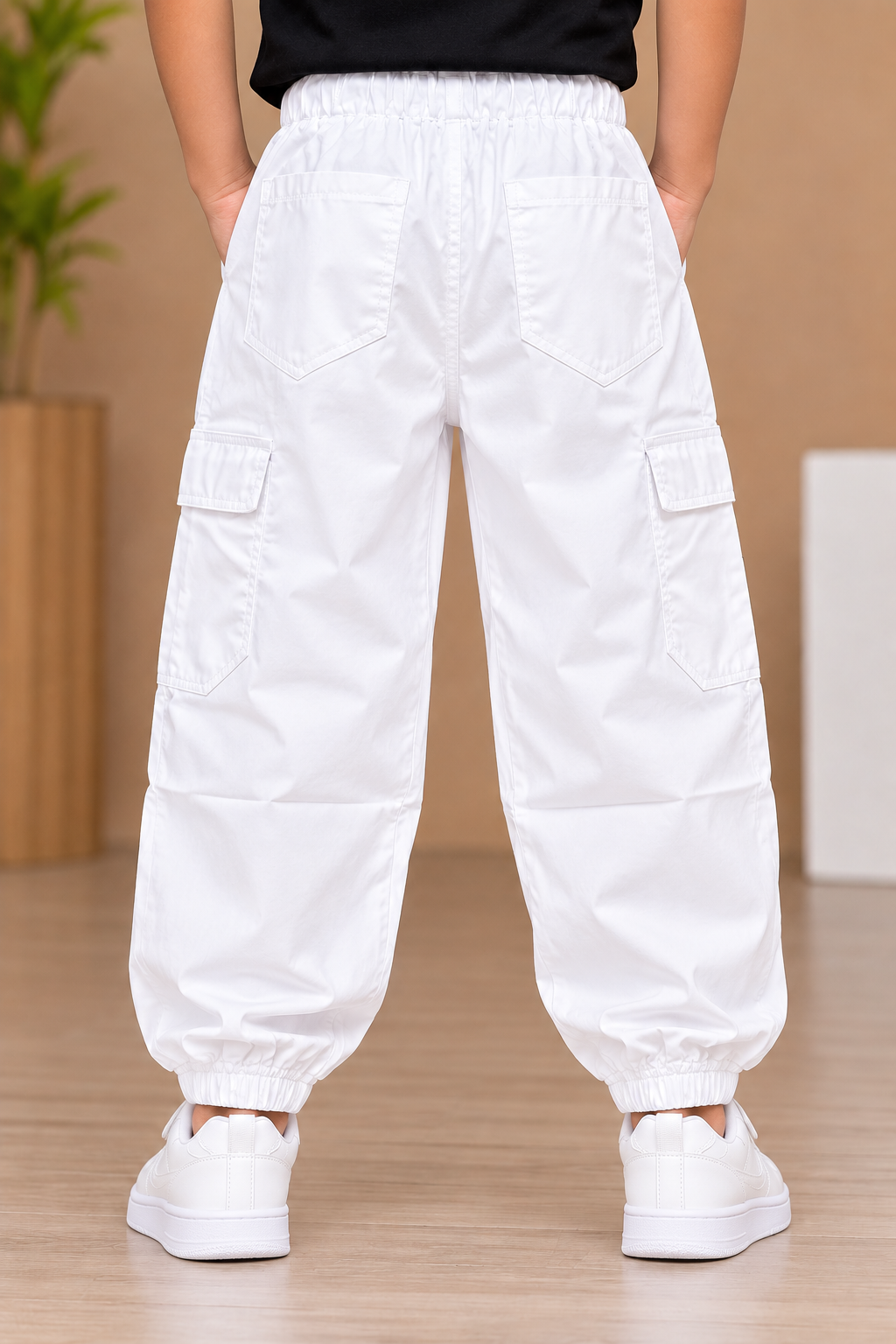 Boys White Baggy Fit 6 Pocket Cargo Jogger Pant