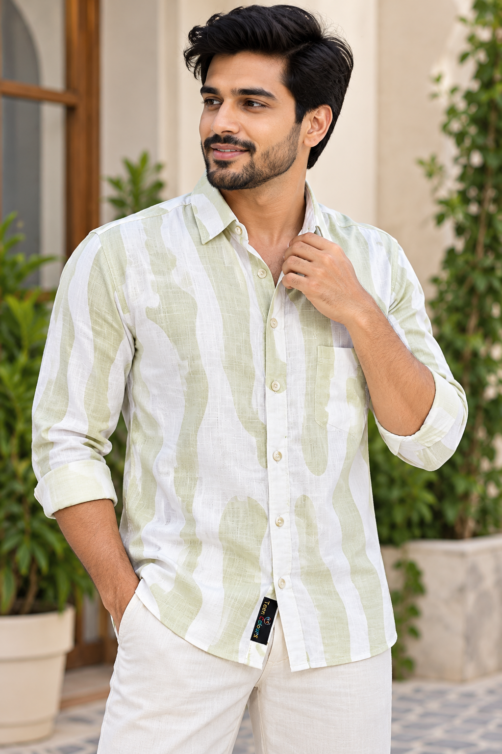 Men's Light Pista Green Abstract Printed Full Sleeve Cotton Shirt
