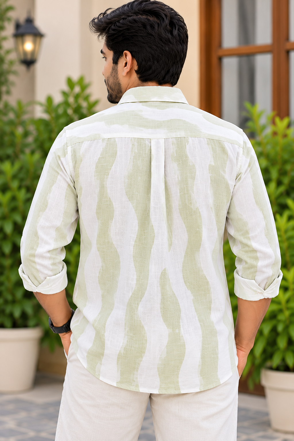 Men's Light Pista Green Abstract Printed Full Sleeve Cotton Shirt