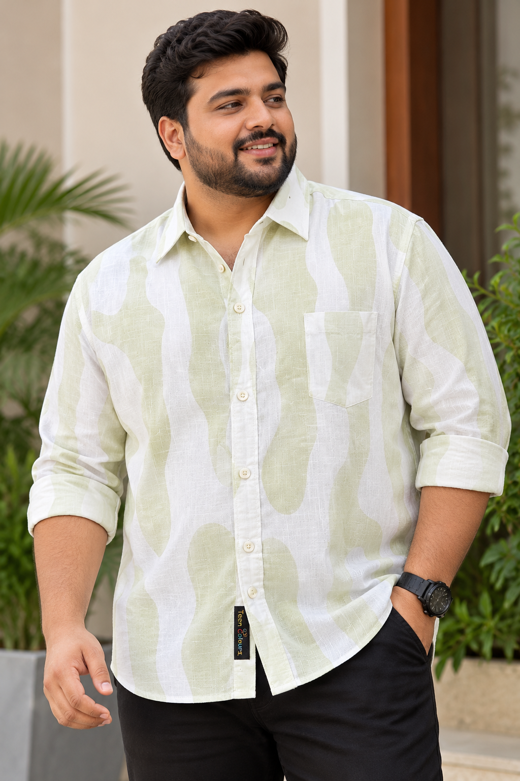 Men's Light Pista Green Abstract Printed Full Sleeve Cotton Shirt