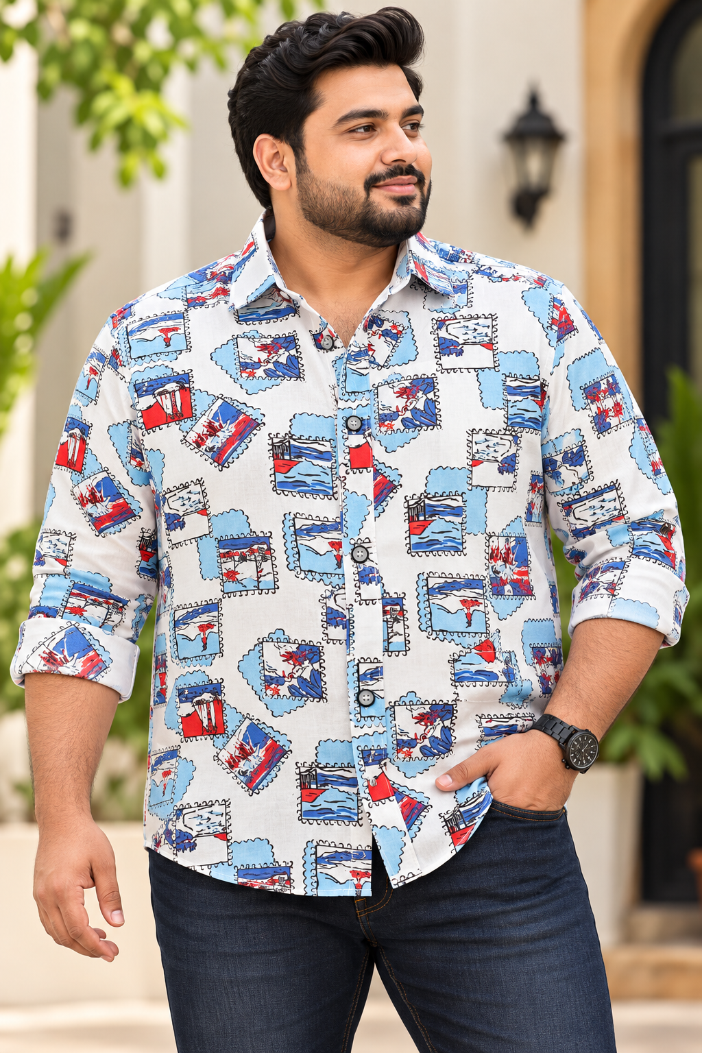 Men's White Multicolour Printed Full Sleeve Cotton Shirt