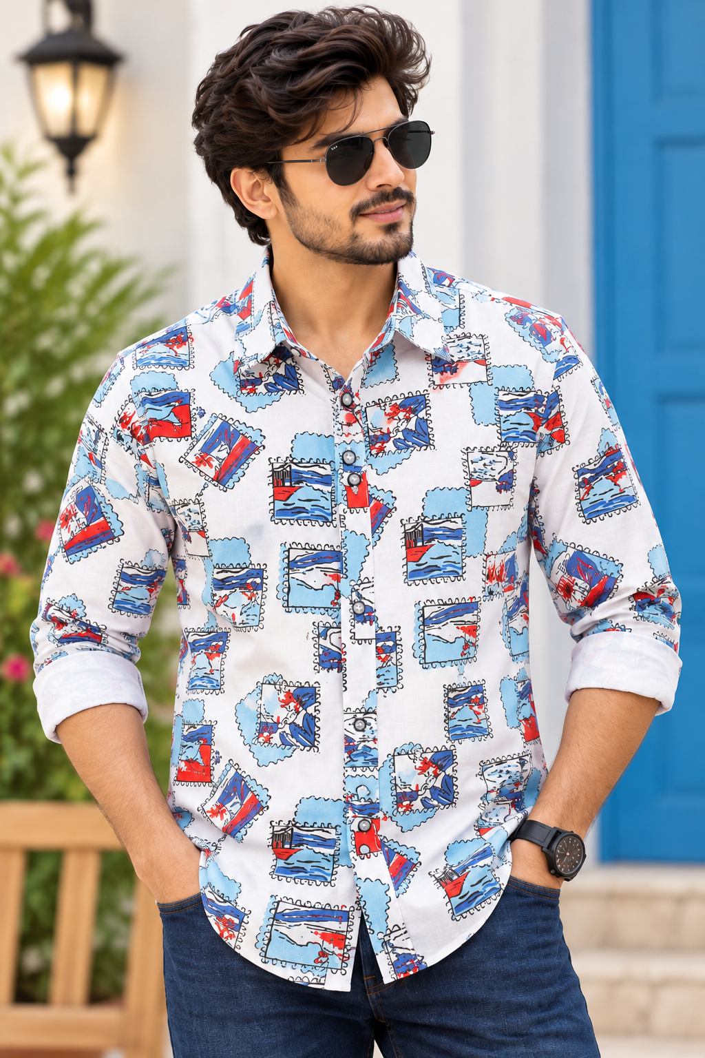 Men's White Multicolour Printed Full Sleeve Cotton Shirt