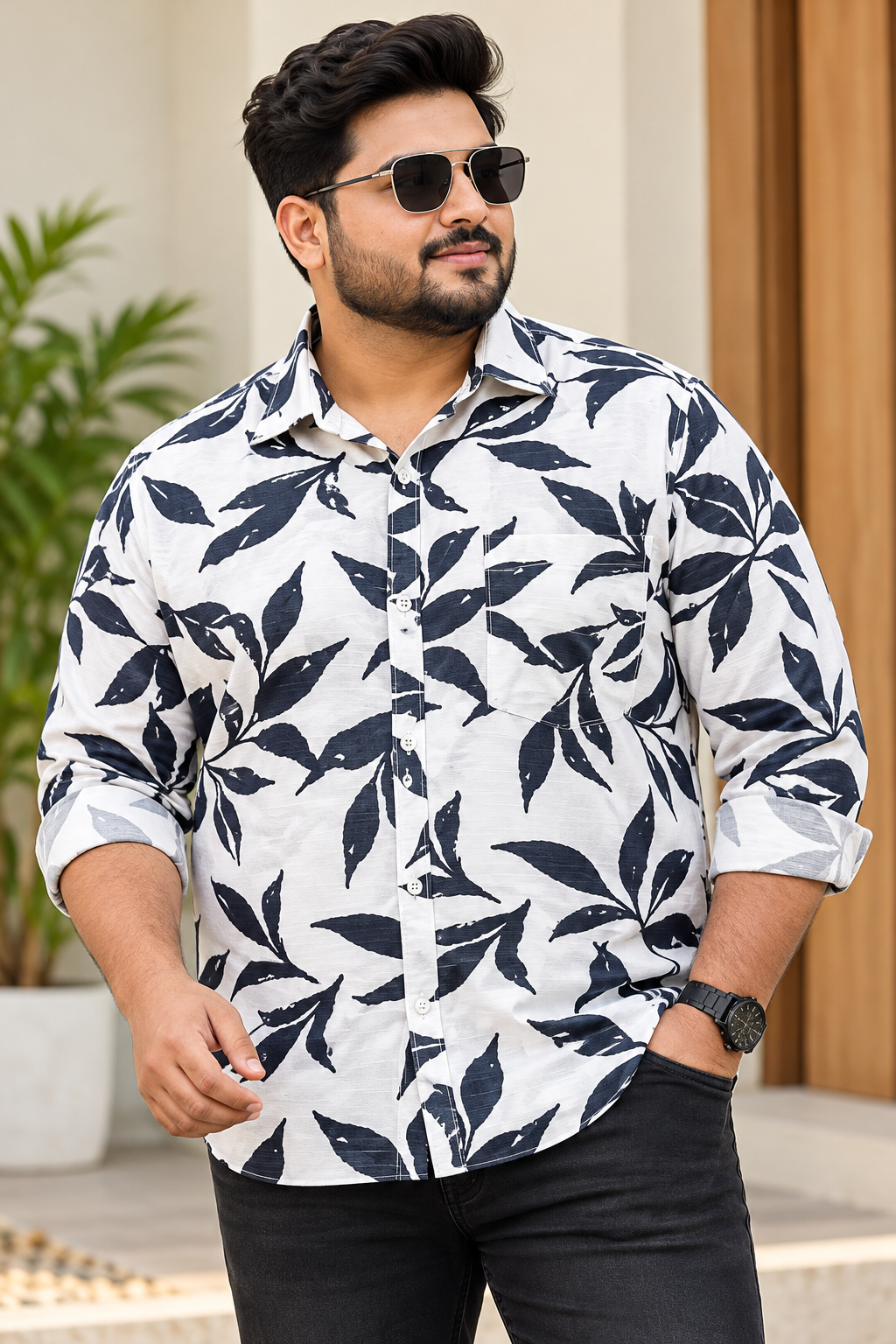 Men's White & Navy Blue Leaf Printed Full Sleeve Cotton Shirt