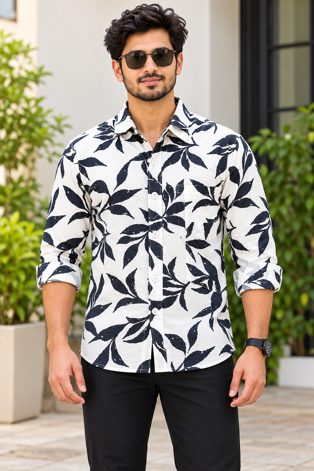Men's White & Navy Blue Leaf Printed Full Sleeve Cotton Shirt