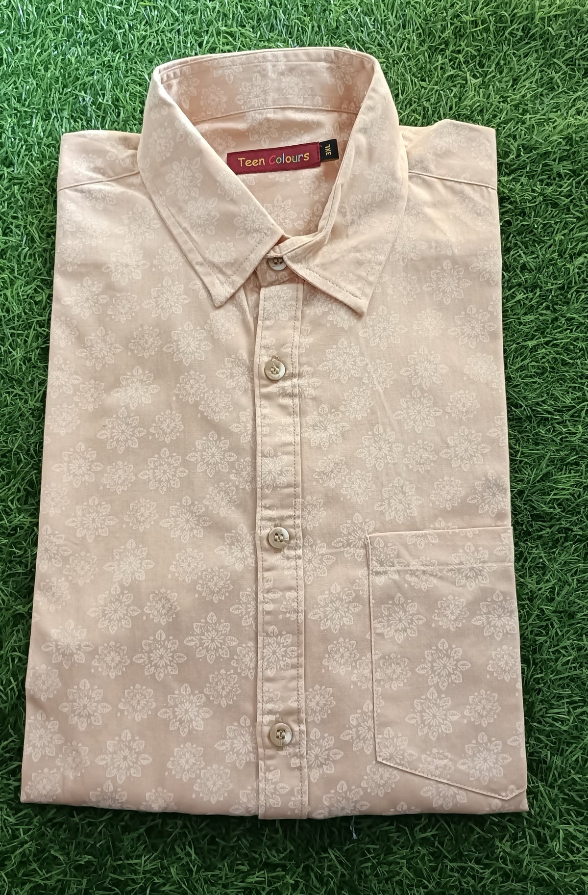 Men's Light Peach Floral Printed Full Sleeve Cotton Shirt