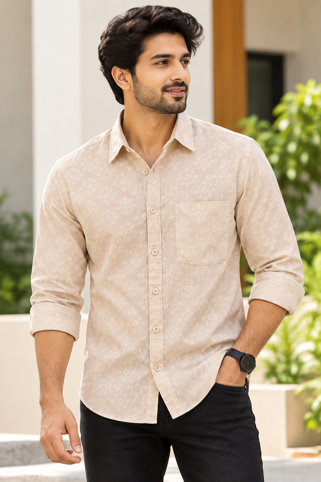 Men's Light Peach Floral Printed Full Sleeve Cotton Shirt