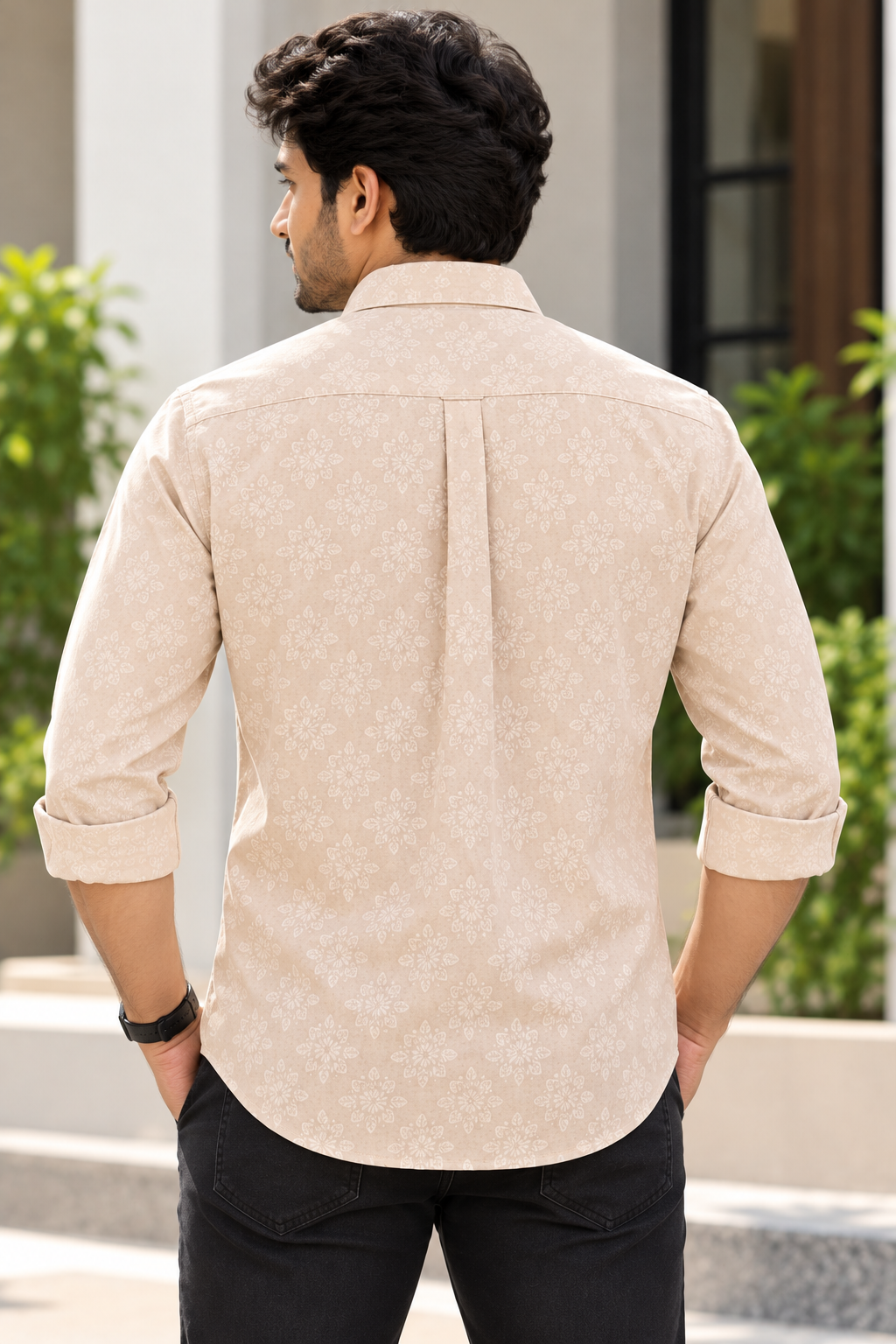 Men's Light Peach Floral Printed Full Sleeve Cotton Shirt