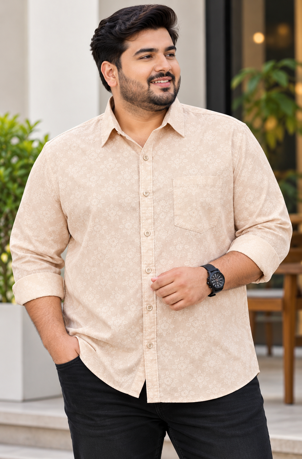 Men's Light Peach Floral Printed Full Sleeve Cotton Shirt