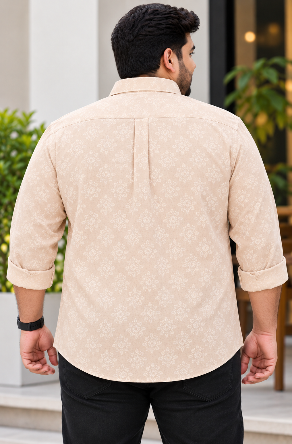 Men's Light Peach Floral Printed Full Sleeve Cotton Shirt