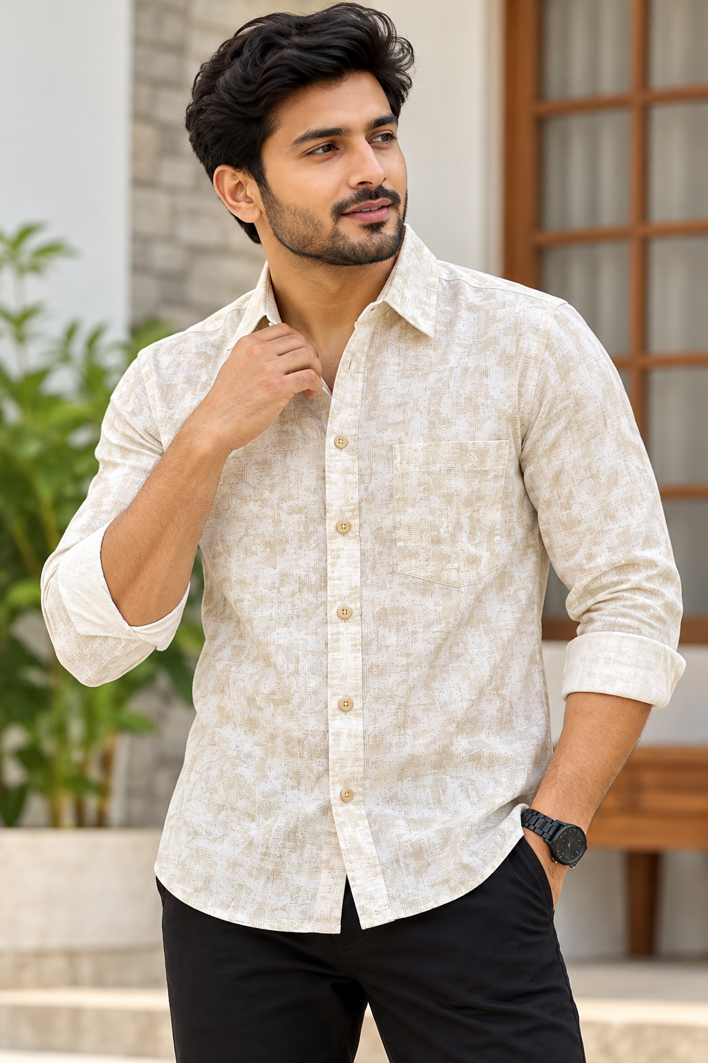 Men's Cream Textured Printed Full Sleeve Cotton Shirt