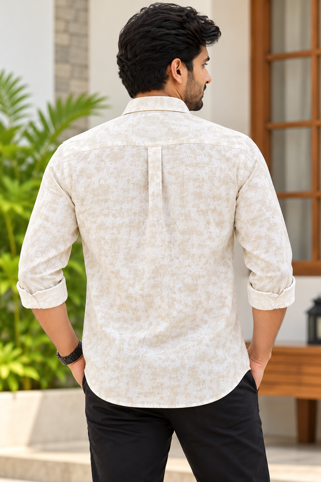 Men's Cream Textured Printed Full Sleeve Cotton Shirt