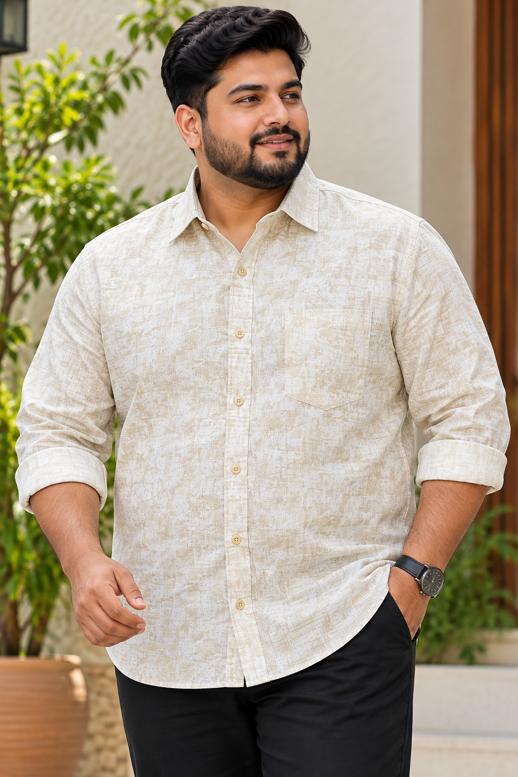 Men's Cream Textured Printed Full Sleeve Cotton Shirt