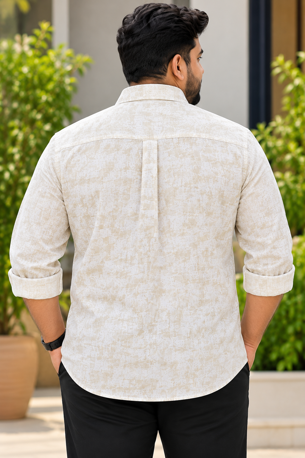 Men's Cream Textured Printed Full Sleeve Cotton Shirt