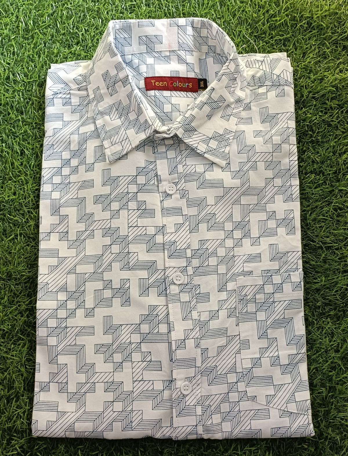 Men's White Geometric Printed Full Sleeve Cotton Shirt