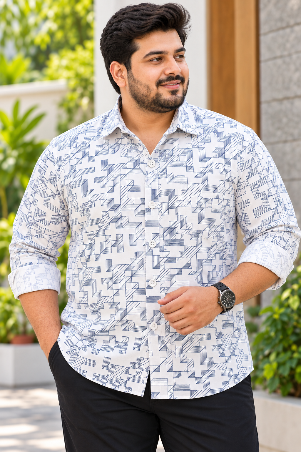 Men's White Geometric Printed Full Sleeve Cotton Shirt