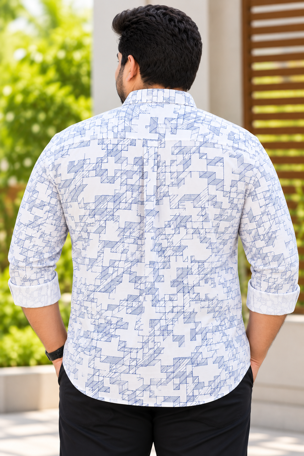 Men's White Geometric Printed Full Sleeve Cotton Shirt
