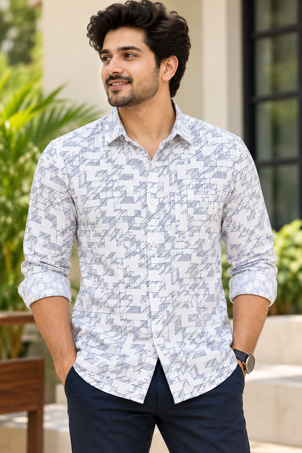 Men's White Geometric Printed Full Sleeve Cotton Shirt
