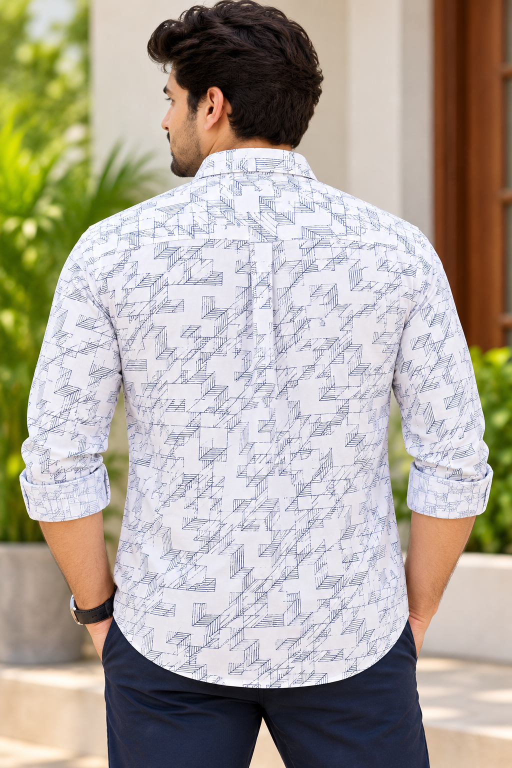 Men's White Geometric Printed Full Sleeve Cotton Shirt