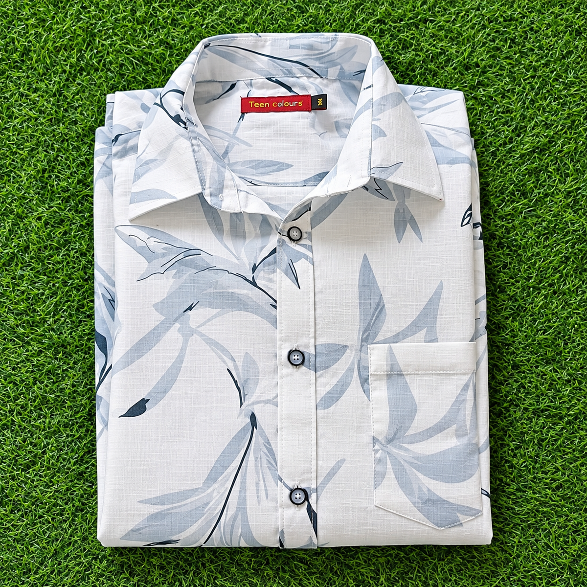 Men's White & Light Blue Leaf Printed Full Sleeve Cotton Shirt