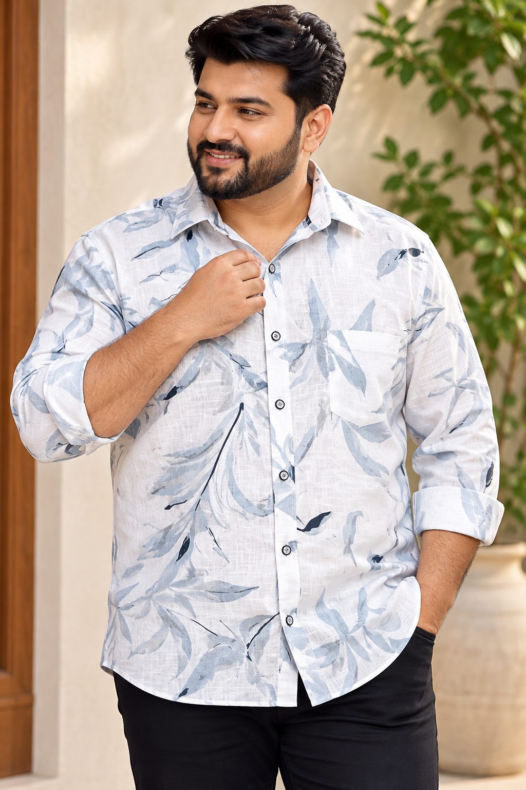 Men's White & Light Blue Leaf Printed Full Sleeve Cotton Shirt