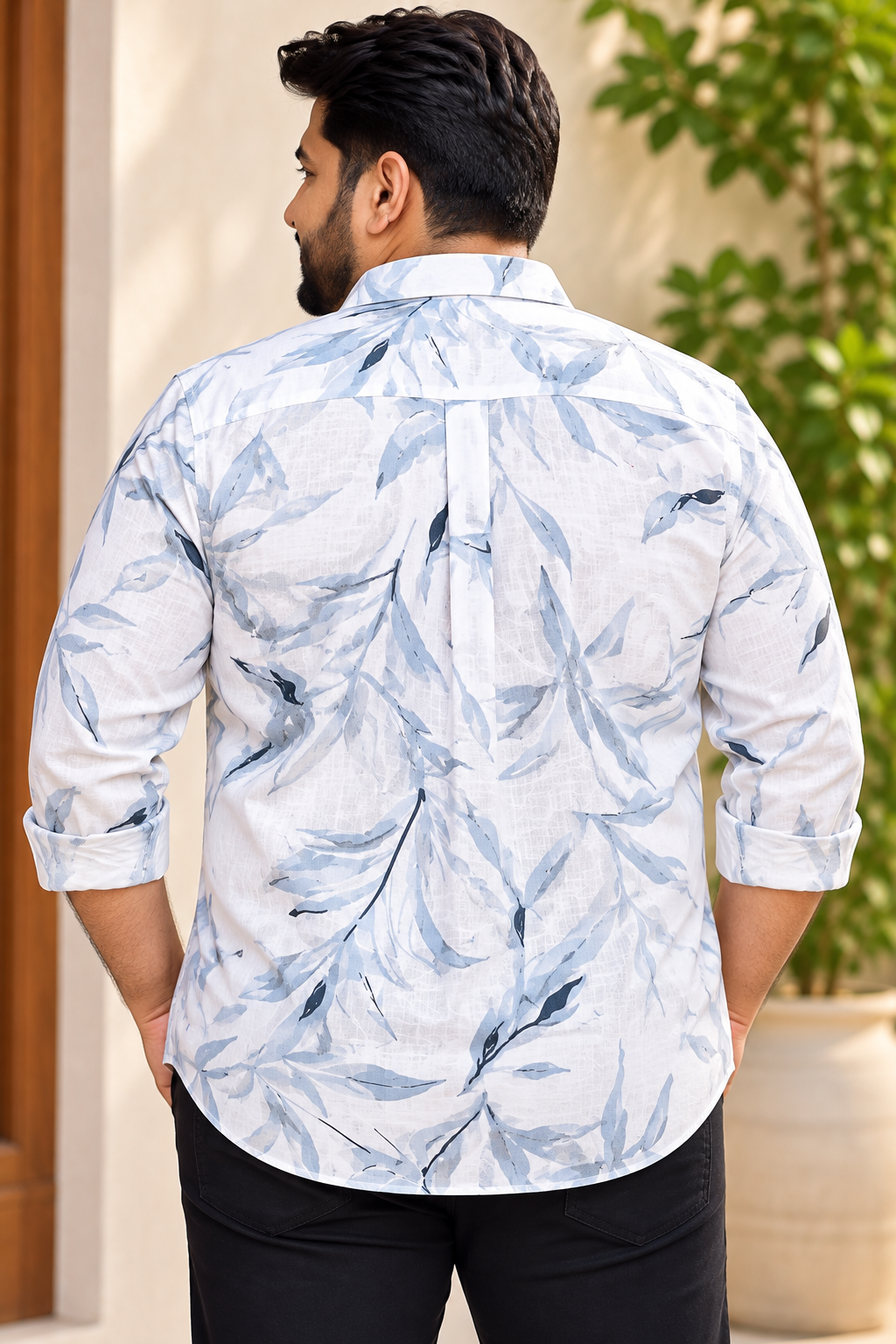 Men's White & Light Blue Leaf Printed Full Sleeve Cotton Shirt