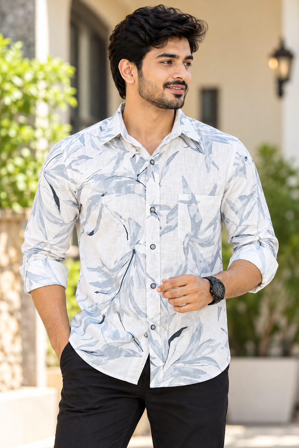 Men's White & Light Blue Leaf Printed Full Sleeve Cotton Shirt