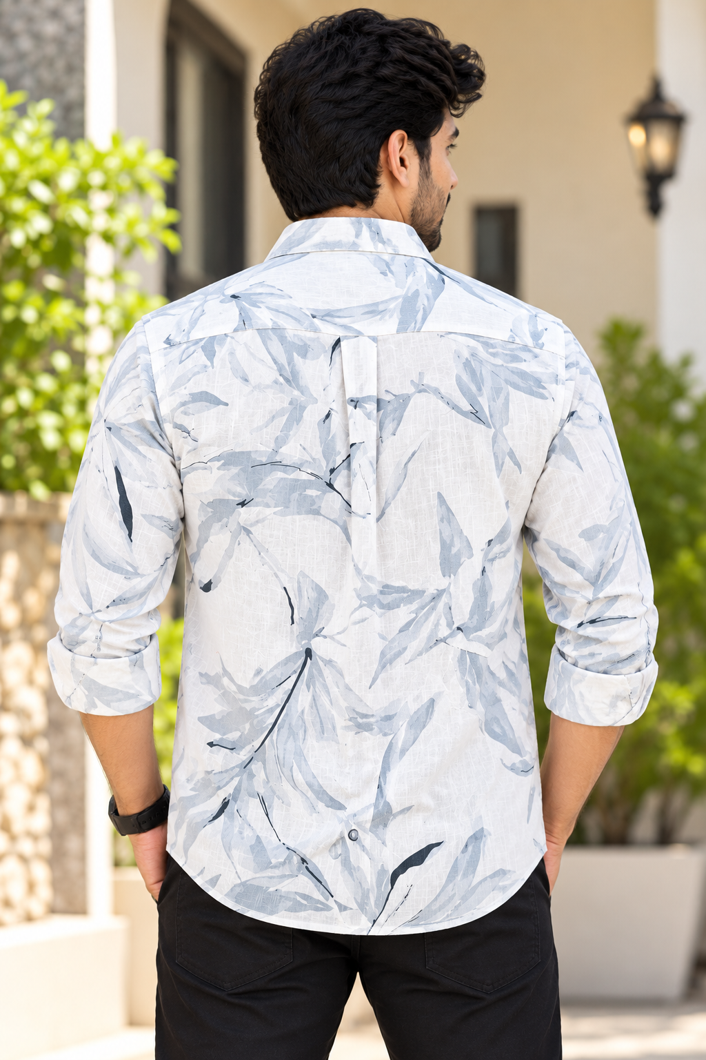 Men's White & Light Blue Leaf Printed Full Sleeve Cotton Shirt