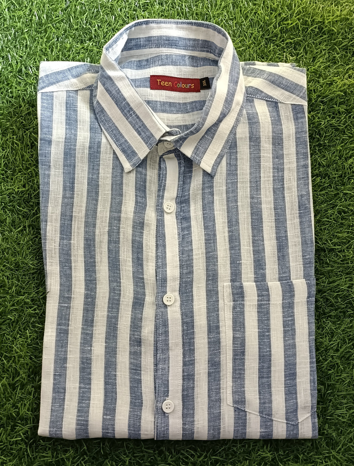 Men's Blue & White Striped Full Sleeve Linen Shirt