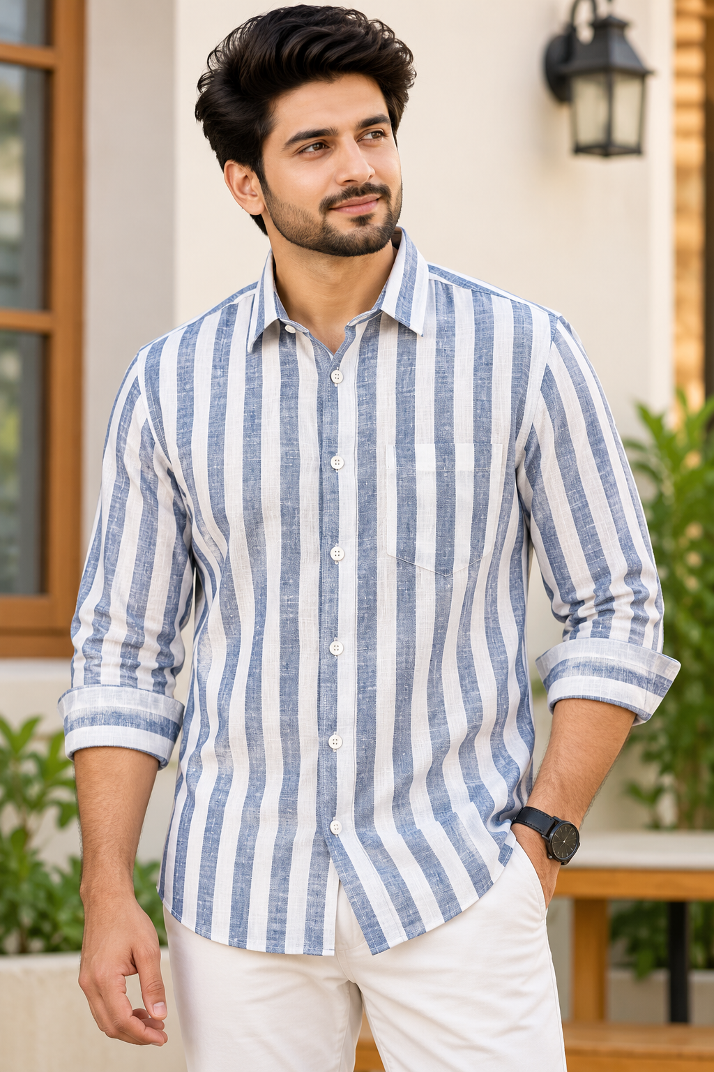 Men's Blue & White Striped Full Sleeve Linen Shirt