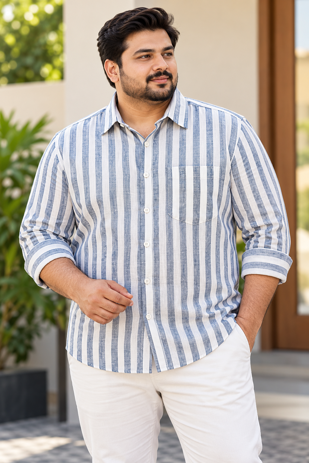 Men's Blue & White Striped Full Sleeve Linen Shirt