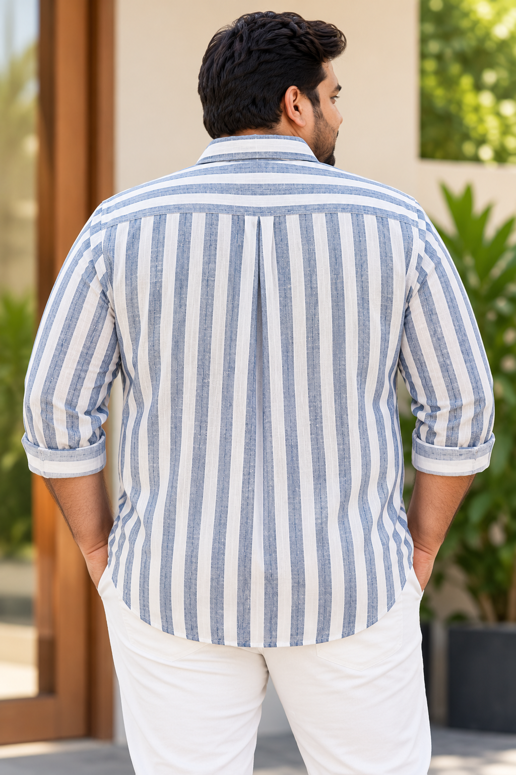 Men's Blue & White Striped Full Sleeve Linen Shirt