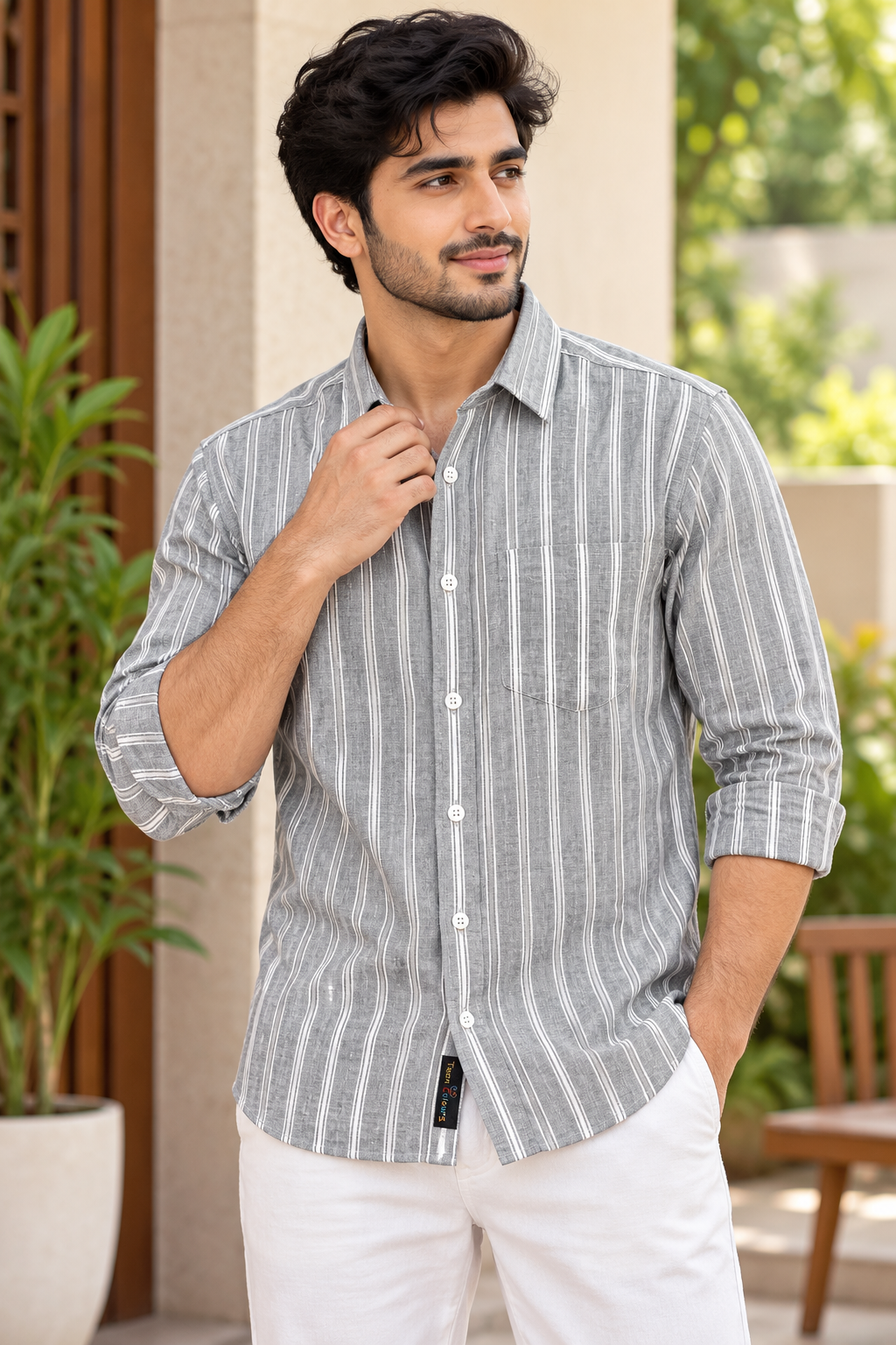 Men's Grey Striped Full Sleeve Linen Shirt