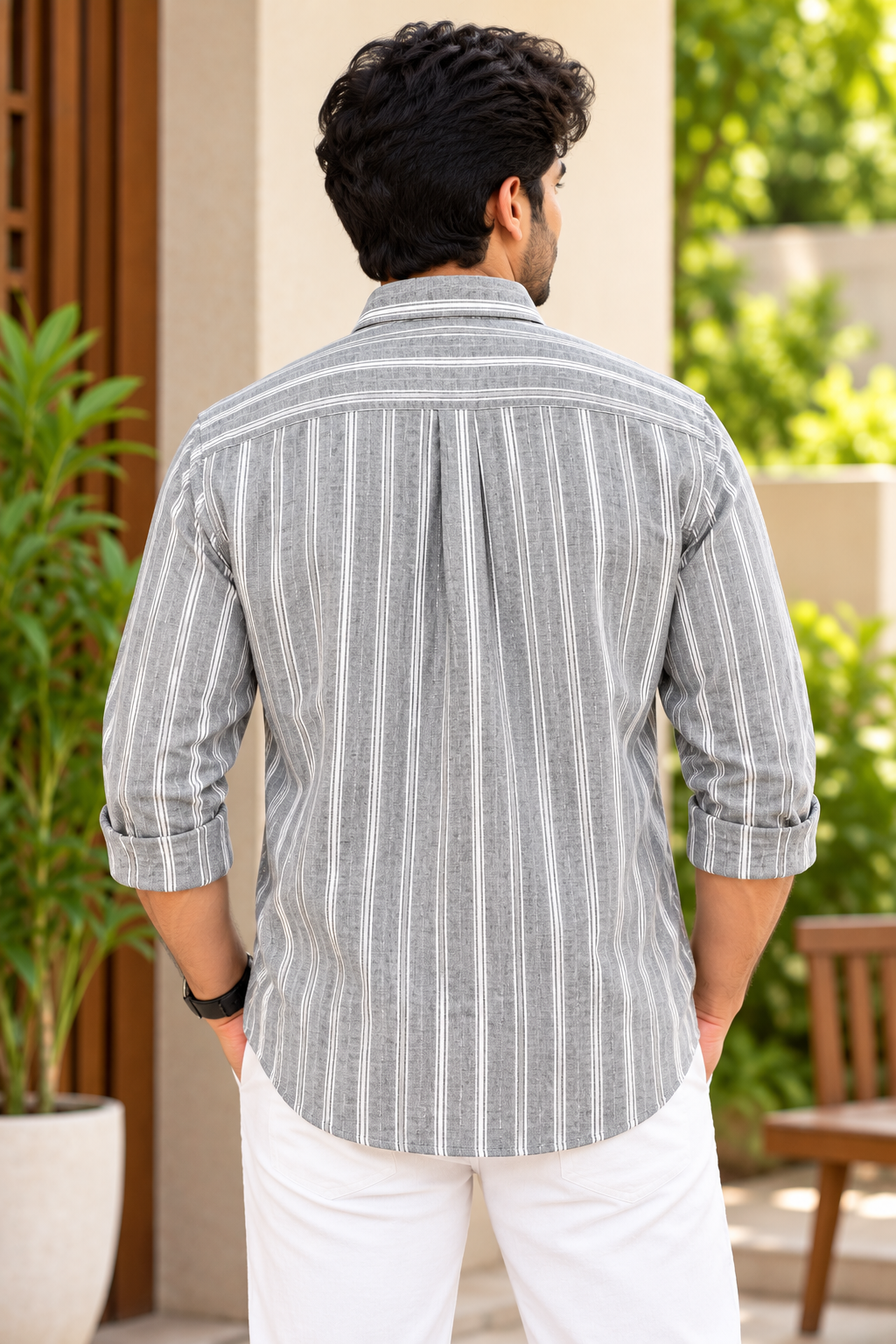 Men's Grey Striped Full Sleeve Linen Shirt