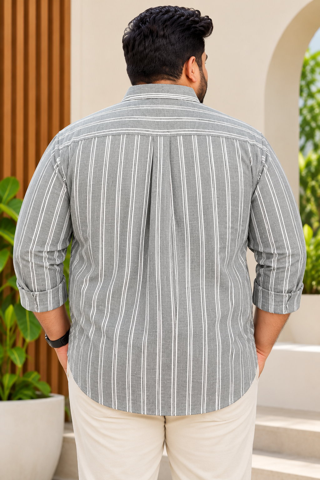 Men's Grey Striped Full Sleeve Linen Shirt