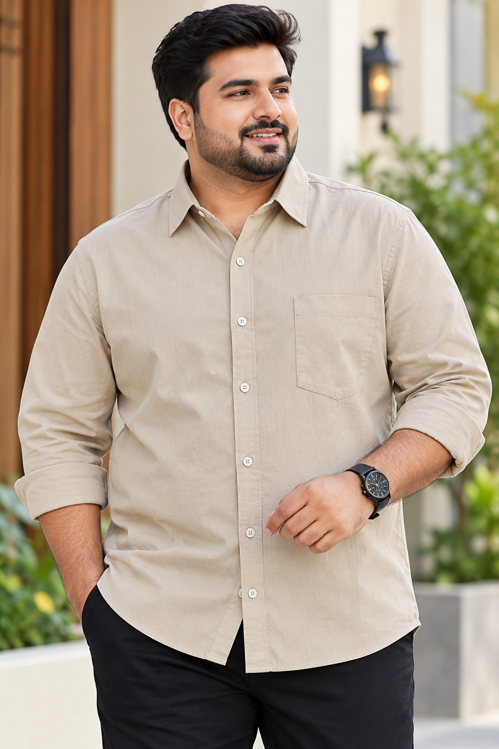 Men's Light Beige Solid Full Sleeve Cotton Shirt