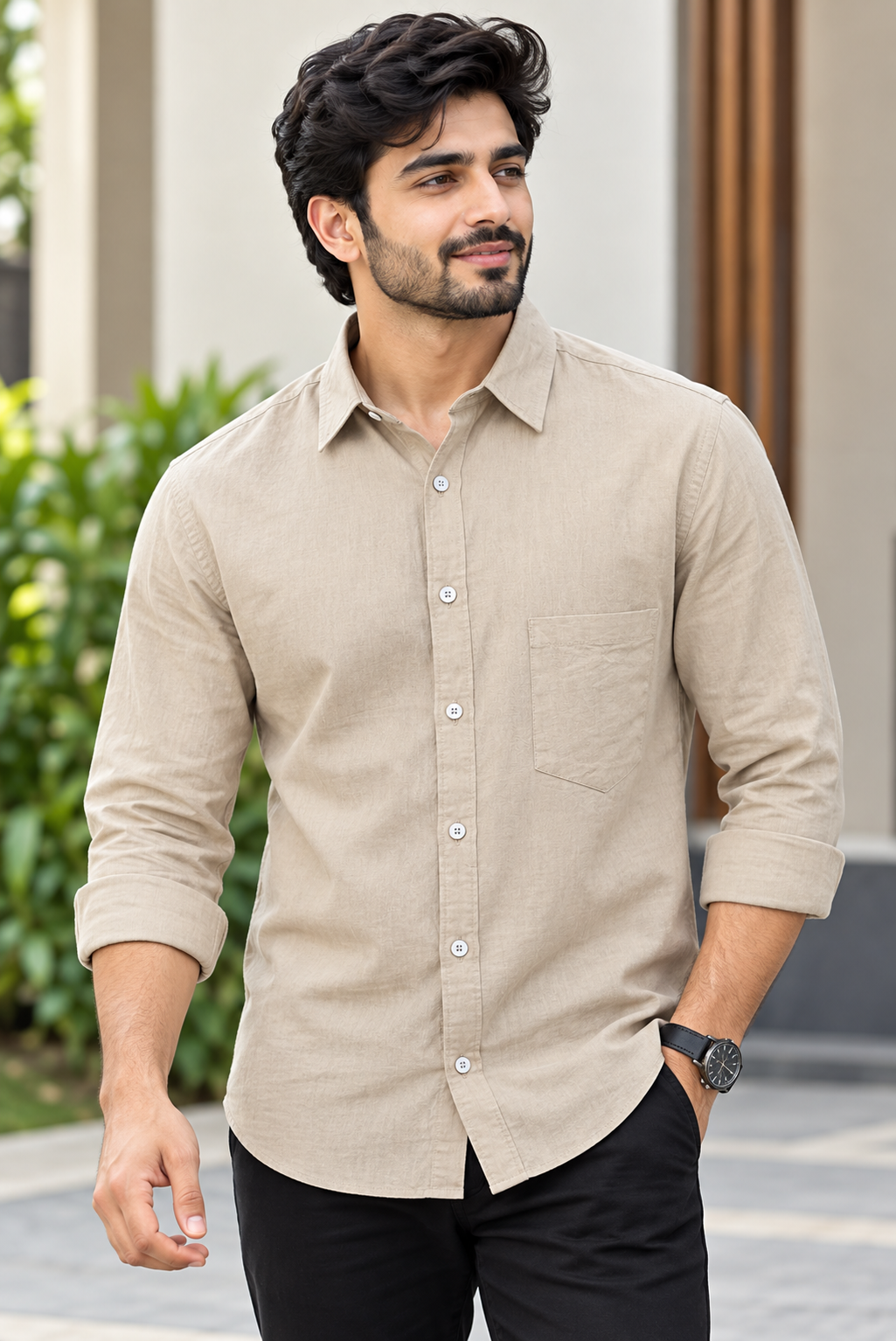 Men's Light Beige Solid Full Sleeve Cotton Shirt