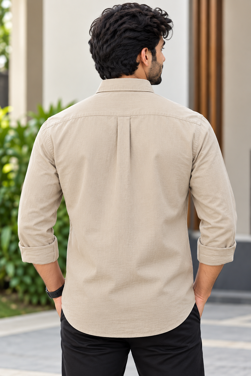 Men's Light Beige Solid Full Sleeve Cotton Shirt