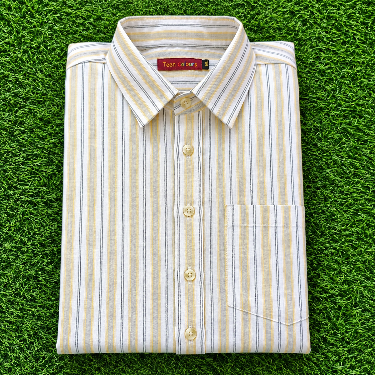 Men's White & Yellow Striped Full Sleeve Linen Shirt
