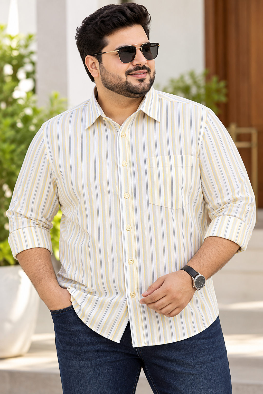 Men's White & Yellow Striped Full Sleeve Linen Shirt