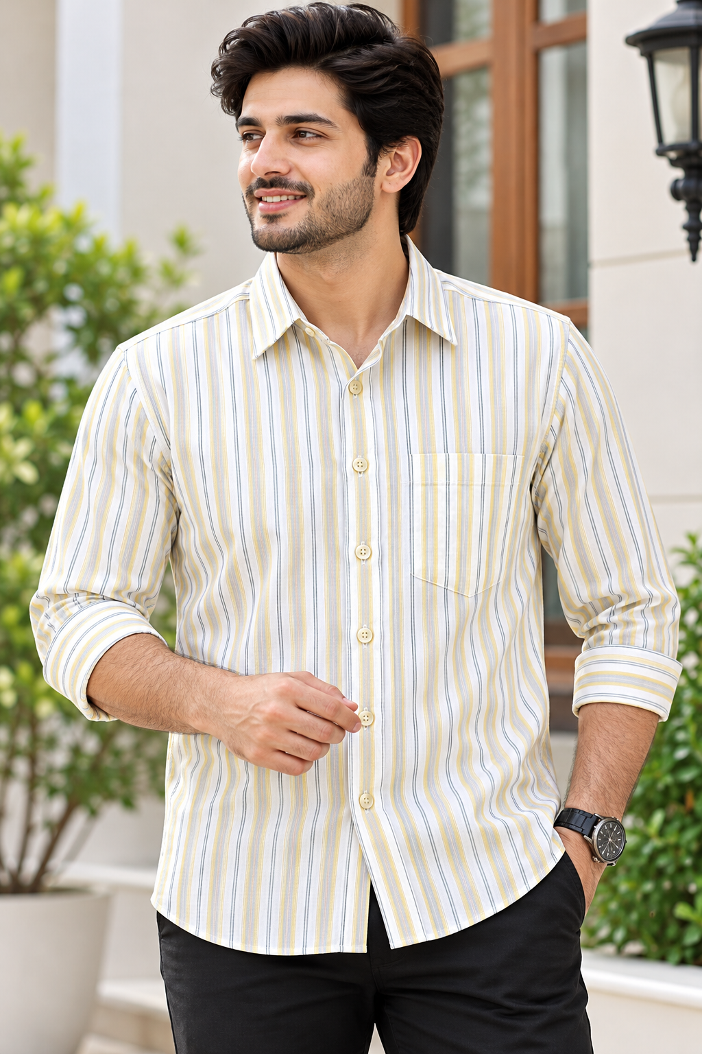 Men's White & Yellow Striped Full Sleeve Linen Shirt