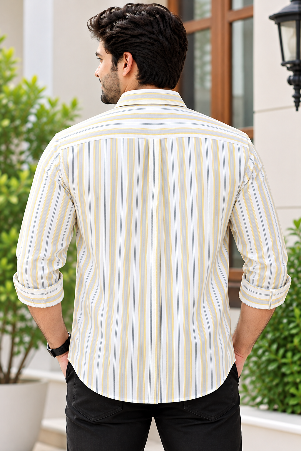 Men's White & Yellow Striped Full Sleeve Linen Shirt