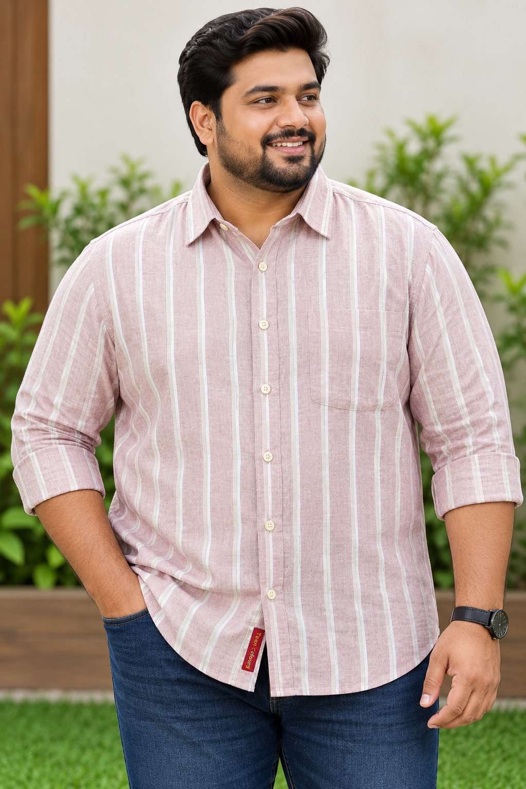Men's Light Mauve Striped Full Sleeve Cotton Shirt