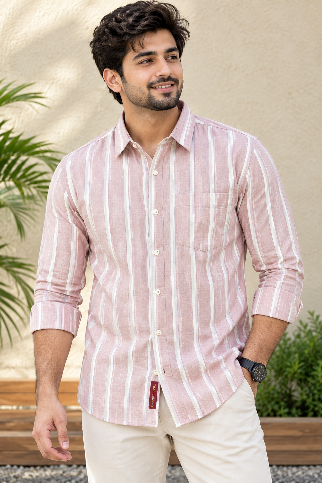 Men's Light Mauve Striped Full Sleeve Cotton Shirt
