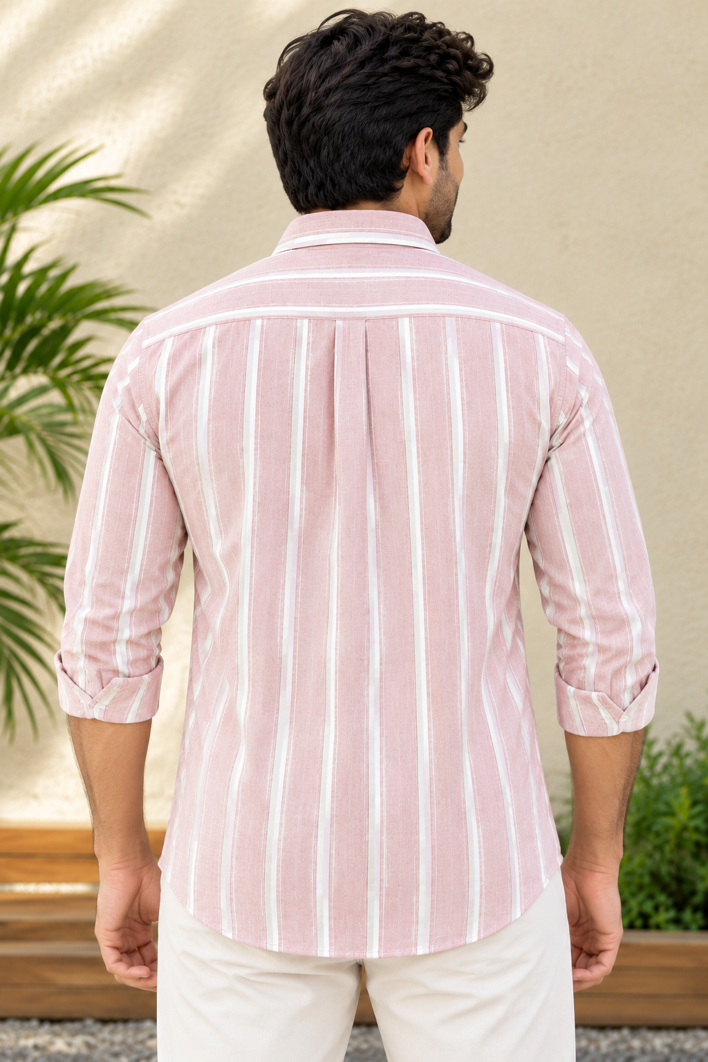 Men's Light Mauve Striped Full Sleeve Cotton Shirt