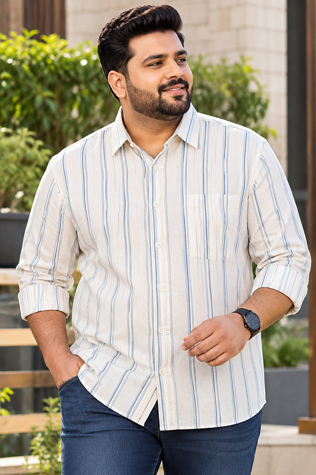 Men's White & Light Blue Striped Full Sleeve Cotton Shirt