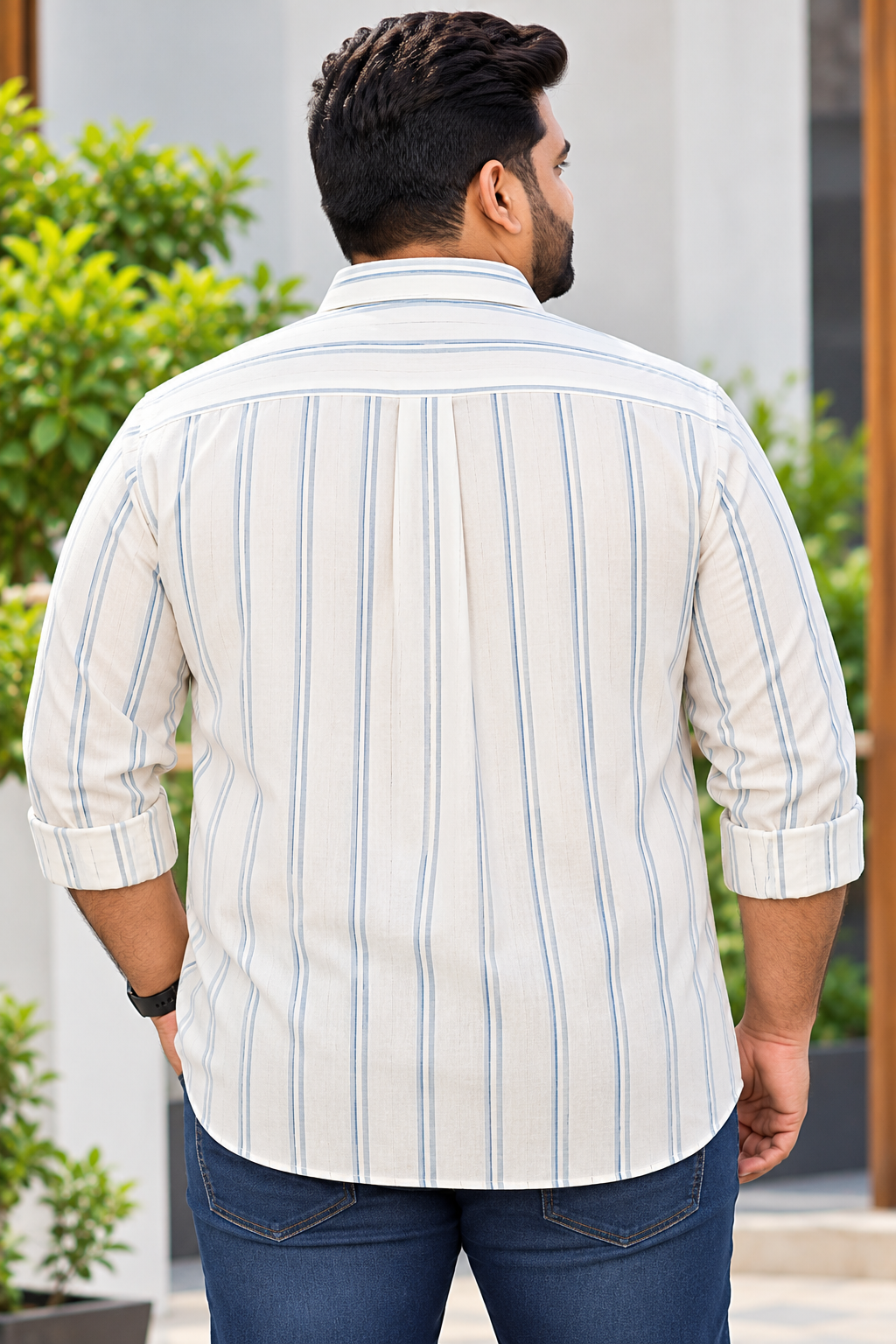 Men's White & Light Blue Striped Full Sleeve Cotton Shirt