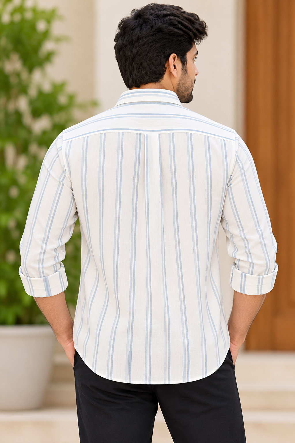 Men's White & Light Blue Striped Full Sleeve Cotton Shirt
