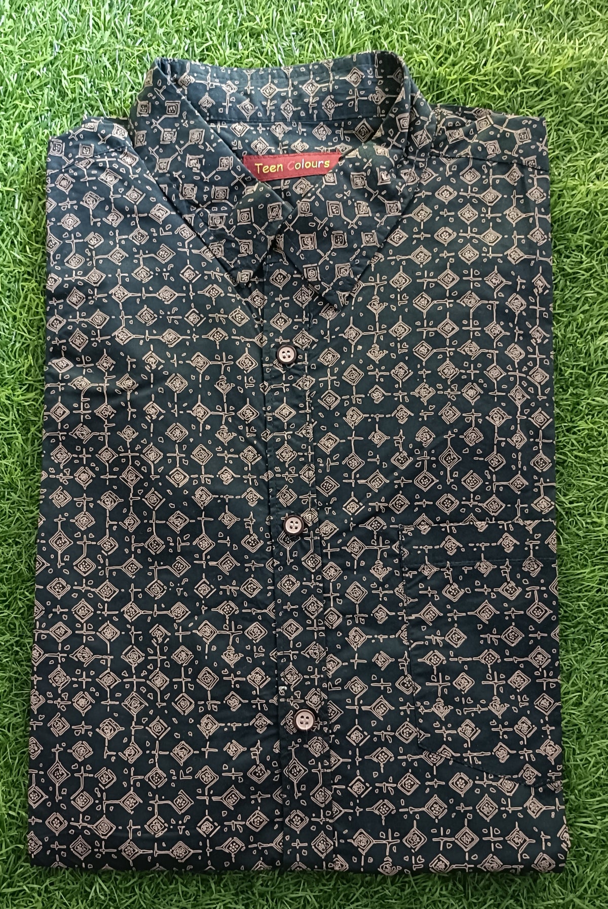 Men's Dark Navy Blue Geometric Printed Full Sleeve Cotton Shirt