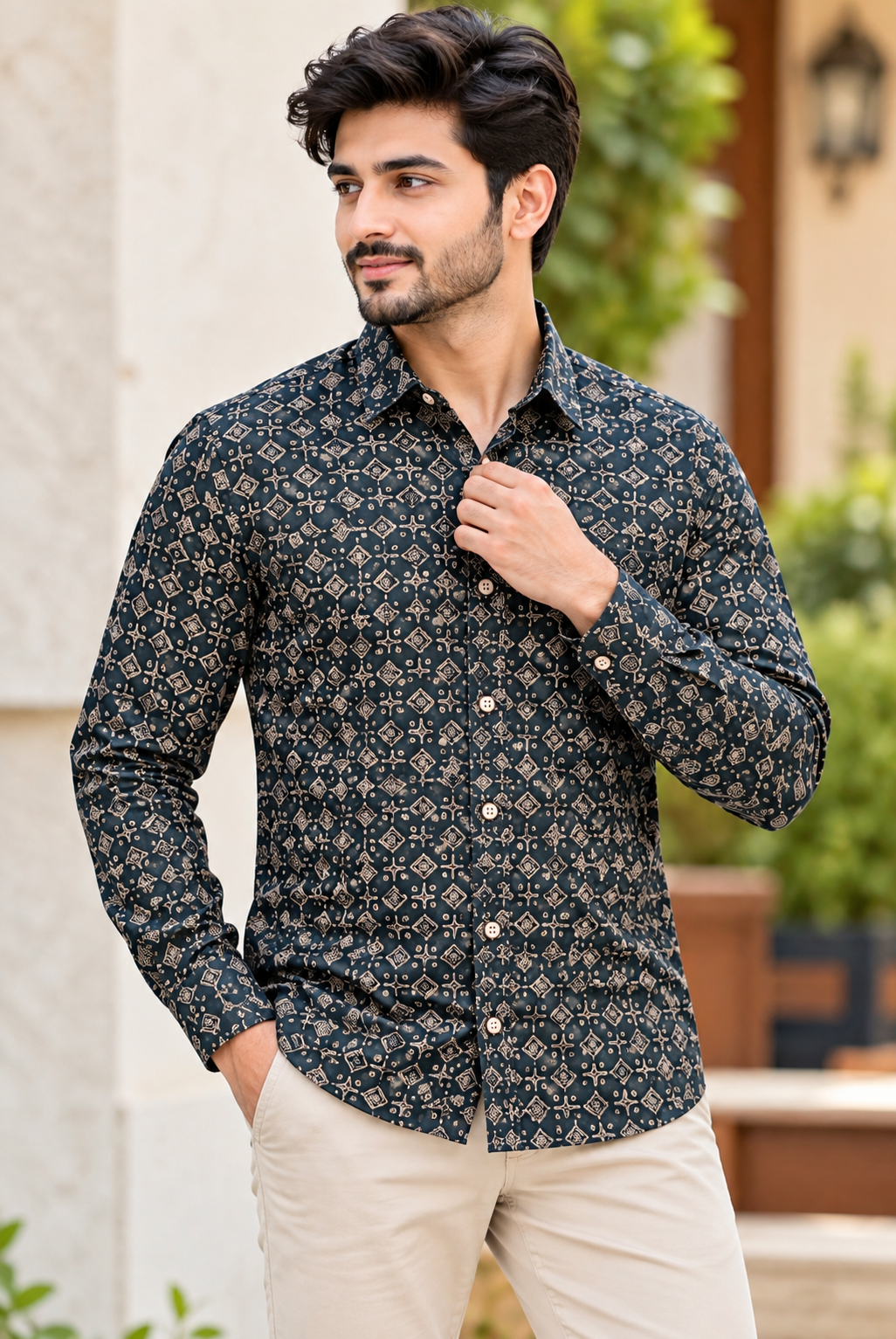 Men's Dark Navy Blue Geometric Printed Full Sleeve Cotton Shirt