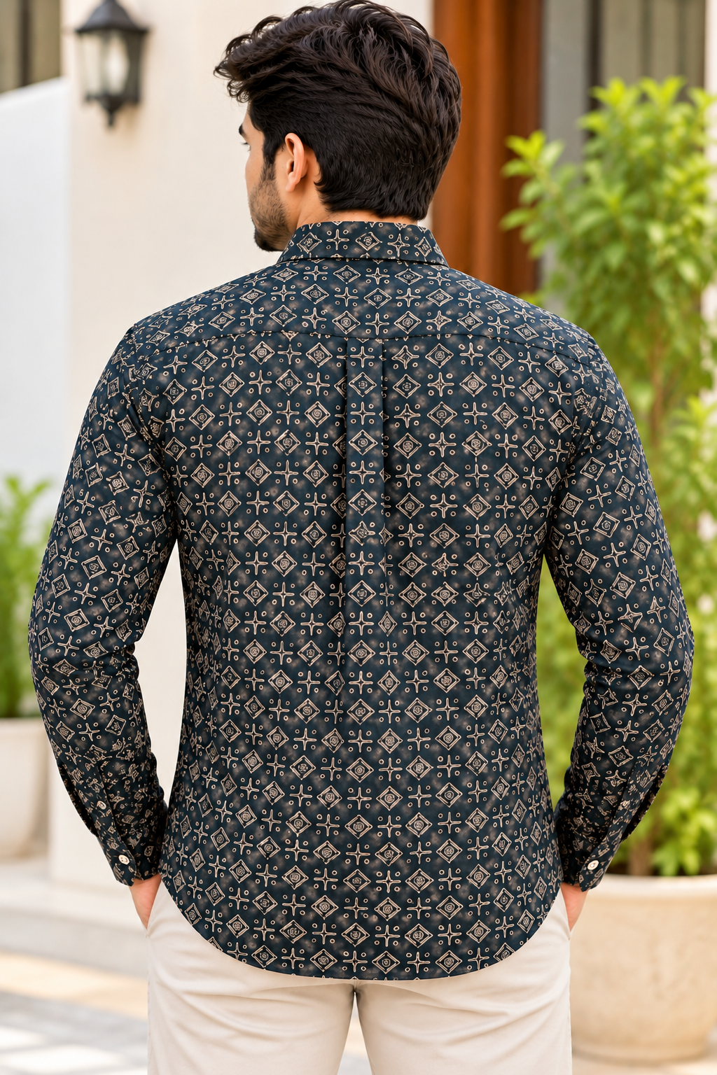 Men's Dark Navy Blue Geometric Printed Full Sleeve Cotton Shirt